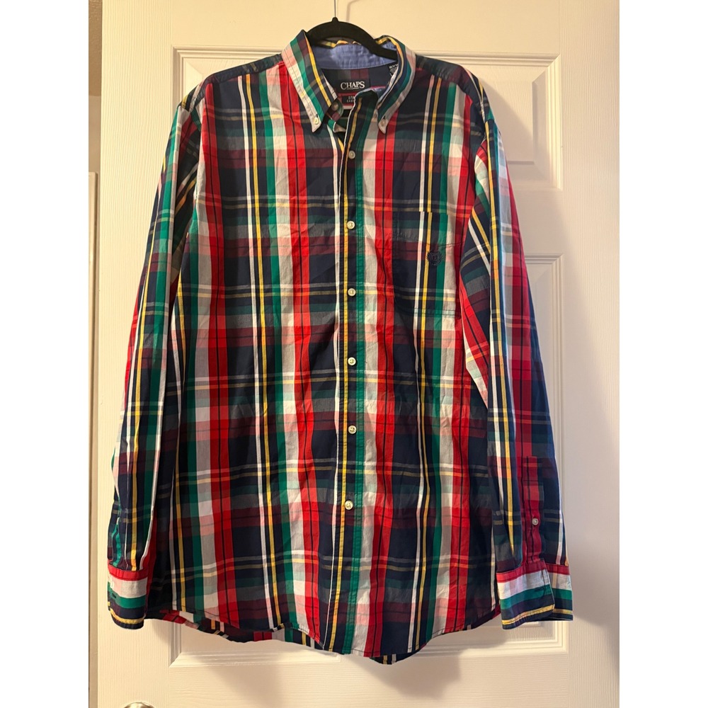 Chaps Mens XL Long Sleeve Plaid Button Down Shirt Stretch Easy Care Multi Color